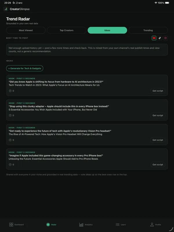 AI-generated content ideas screen